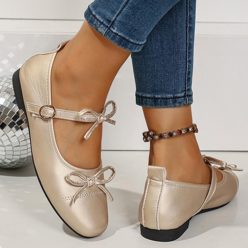 Fashion Fashion Bowknot Decor Flat Heel Mary Jane Shoes for Women Gold Silver Buckle Strap Lolita Shoes Woman Lightweight Comfort Flats