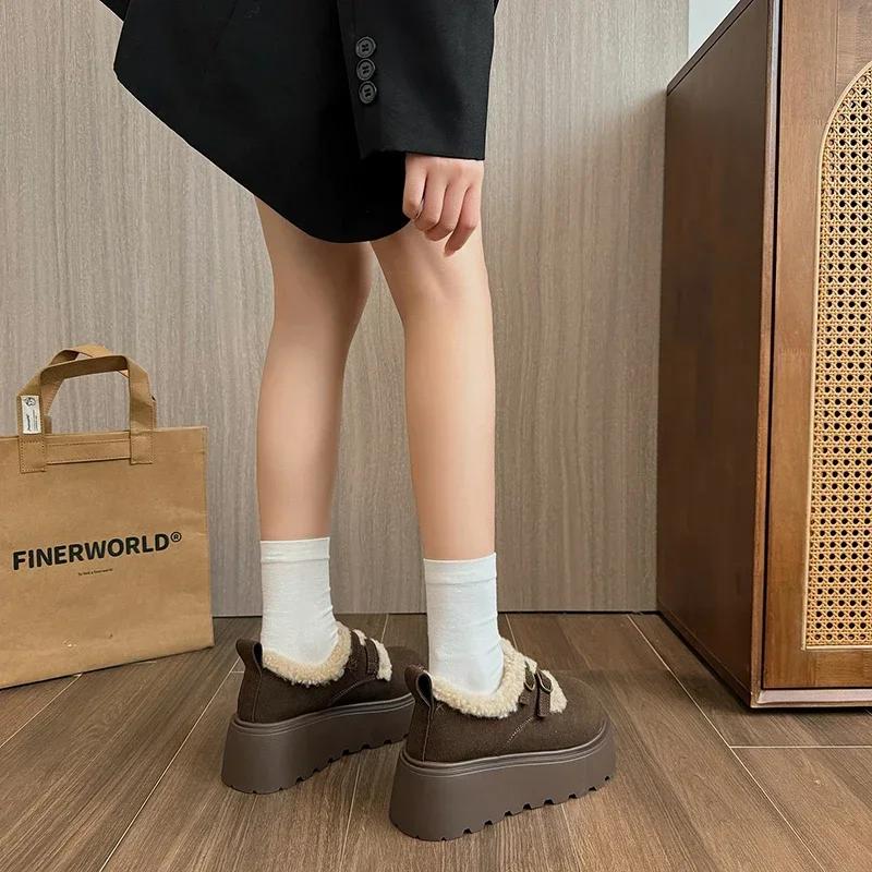 Women's Thick-soled Loafers Fur Round-toe Casual Sneakers Flat Shoes New Dress Winter Solid Color Keep Warm Breathable Versatile