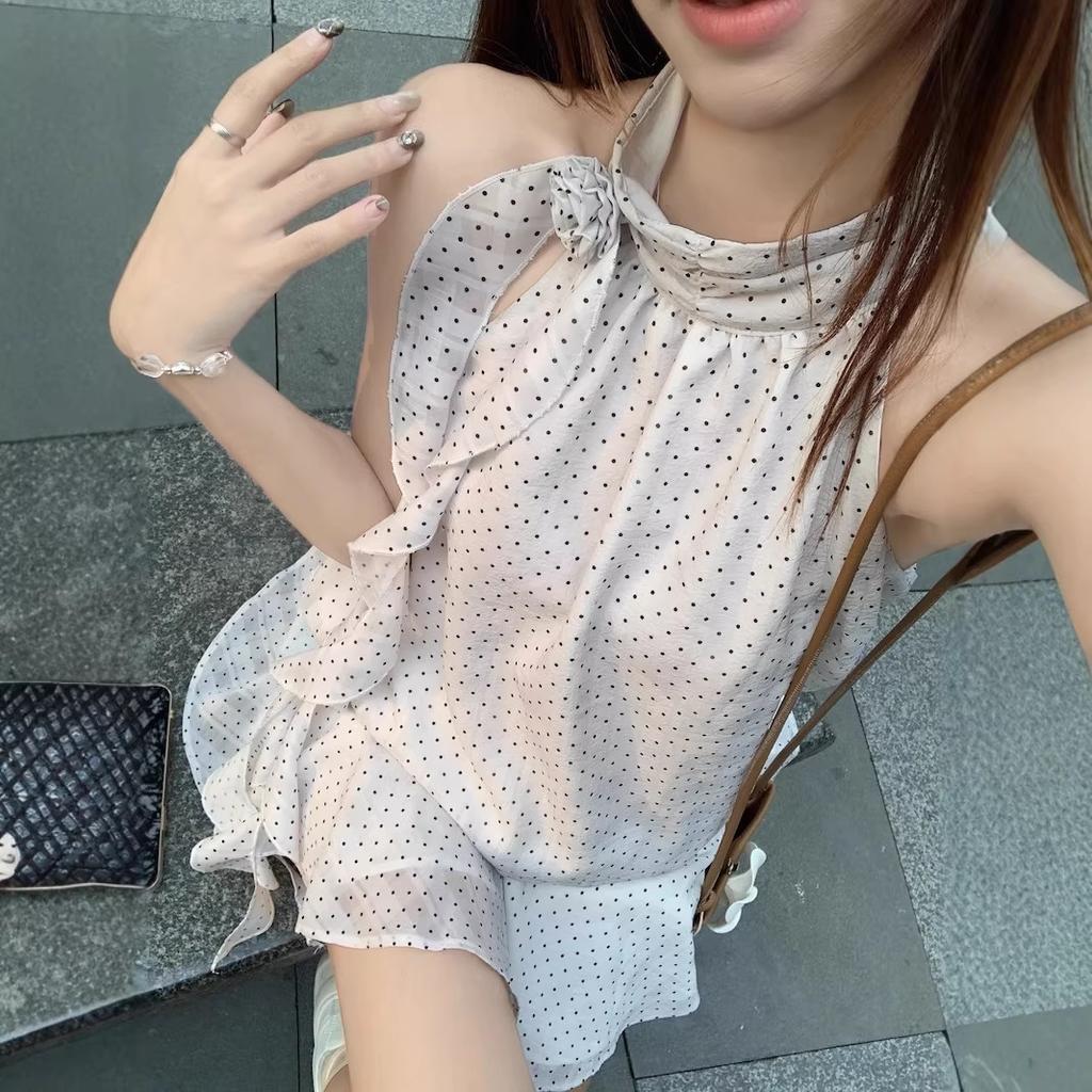 French Atmosphere Polka Dot Dress Women's Summer New Sleeveless Neck Short Skirt Temperament Spice Girl Slim Fit Skirt