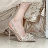 Women's High Heel Shoes Champagne Pointed Thin Heels High Heels Shoe Shiny Crystal Transparent Bow Women's Sandals Zapatos Mujer
