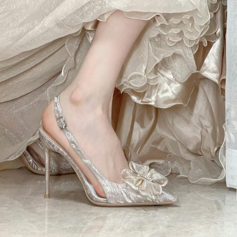 Women's High Heel Shoes Champagne Pointed Thin Heels High Heels Shoe Shiny Crystal Transparent Bow Women's Sandals Zapatos Mujer
