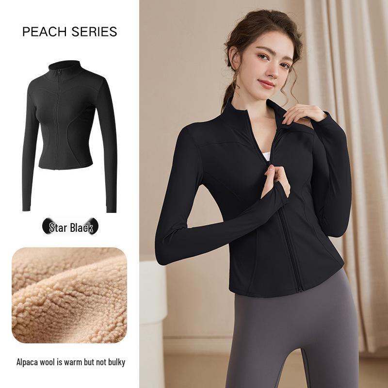 Women's Slimming Lambswool Jacket – Stand Collar, Velvet-Lined, Thick, Stretchy, Warm Yoga Top for Autumn & Winter