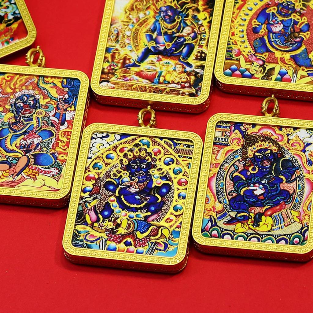 Schwarzer Jambhala Gold Mahakala Thangka Anhänger Halskette mit Acht Glückssymbolen & Lotus GAU Box