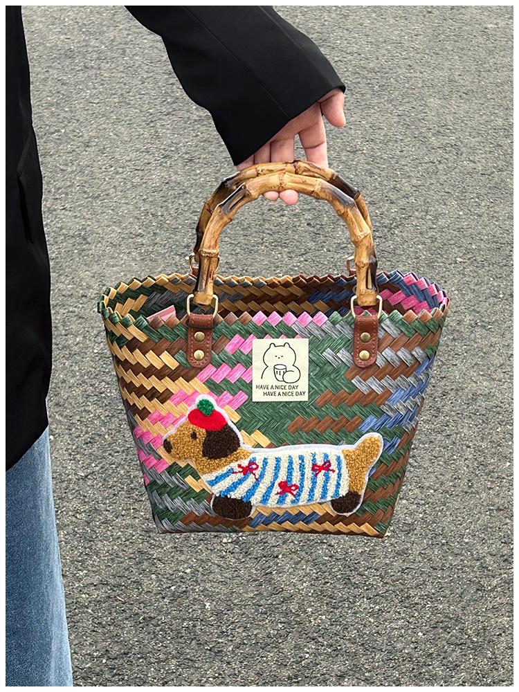 Handgefertigte bestickte Dackel gewebte Handtasche und Aufbewahrungskorb