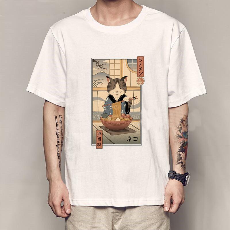 New Fashion Summer Mens T Shirt Casual Short Sleeve Samurai Cat Print Anime Tshirt Men Women Japanese Neko Sushi Wave Tops