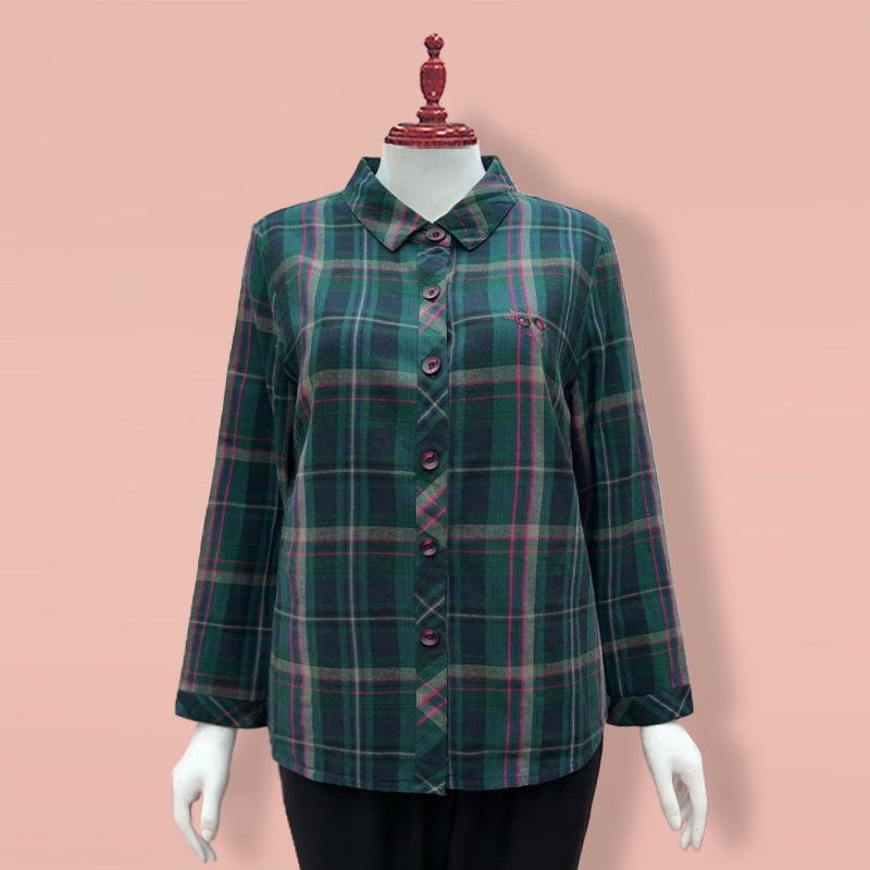 Genuine Autumn Long Sleeve Plaid Cotton Shirt for Middle-Aged & Elderly Women