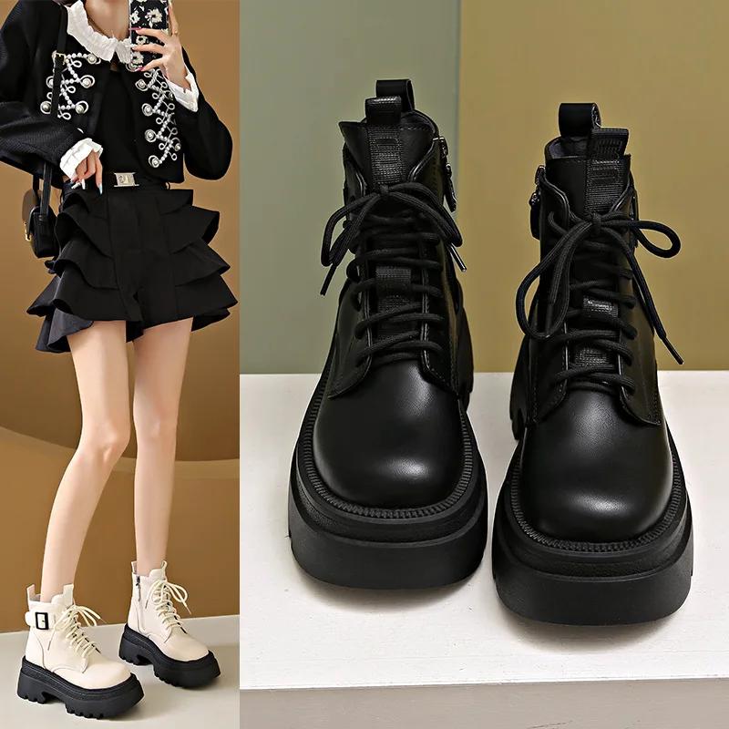 Women Boots British Autumn Winter New Platform Belt Buckle Zipper Lace Up Fashion Boots Comfortable Non Slip Outdoor Boots