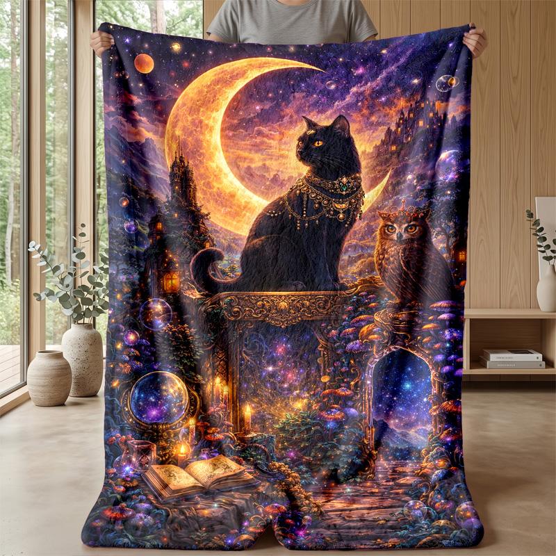Mystic Flame Cat Guardian Theme Blanket Lightweight Warm Flannel Blanket Decorative Throw Blanket for Home Decoration