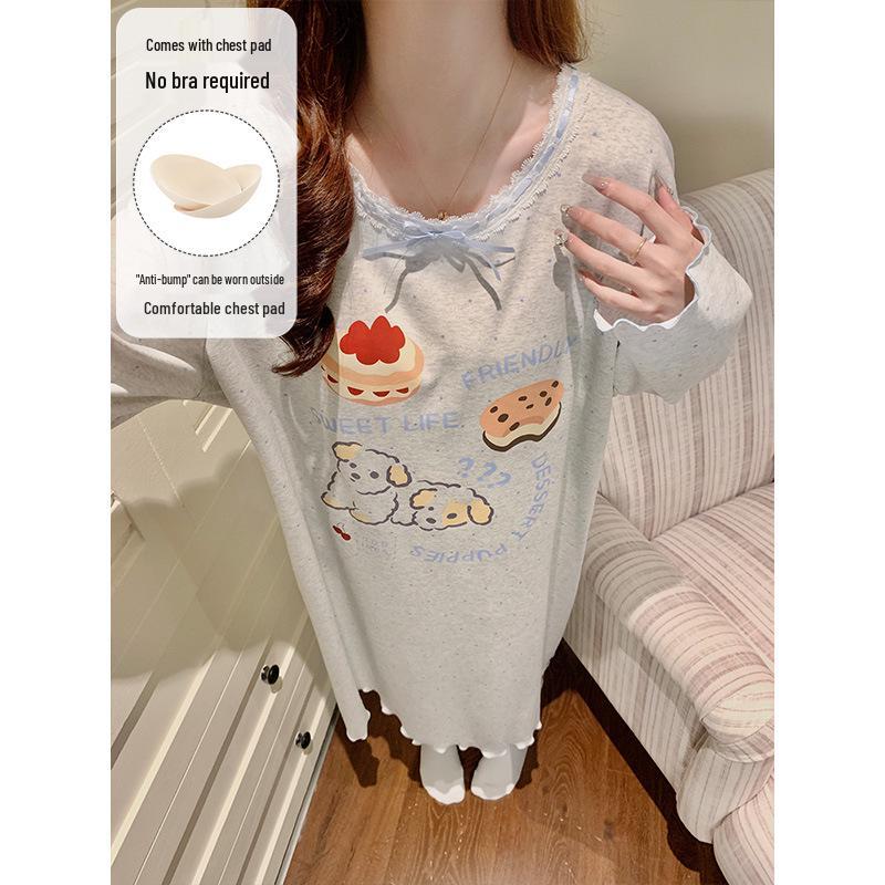 Spring & Autumn Maternity Slimming Long Sleeve Round Neck Princess Nightdress with Breast Pads, Wearable Outdoors