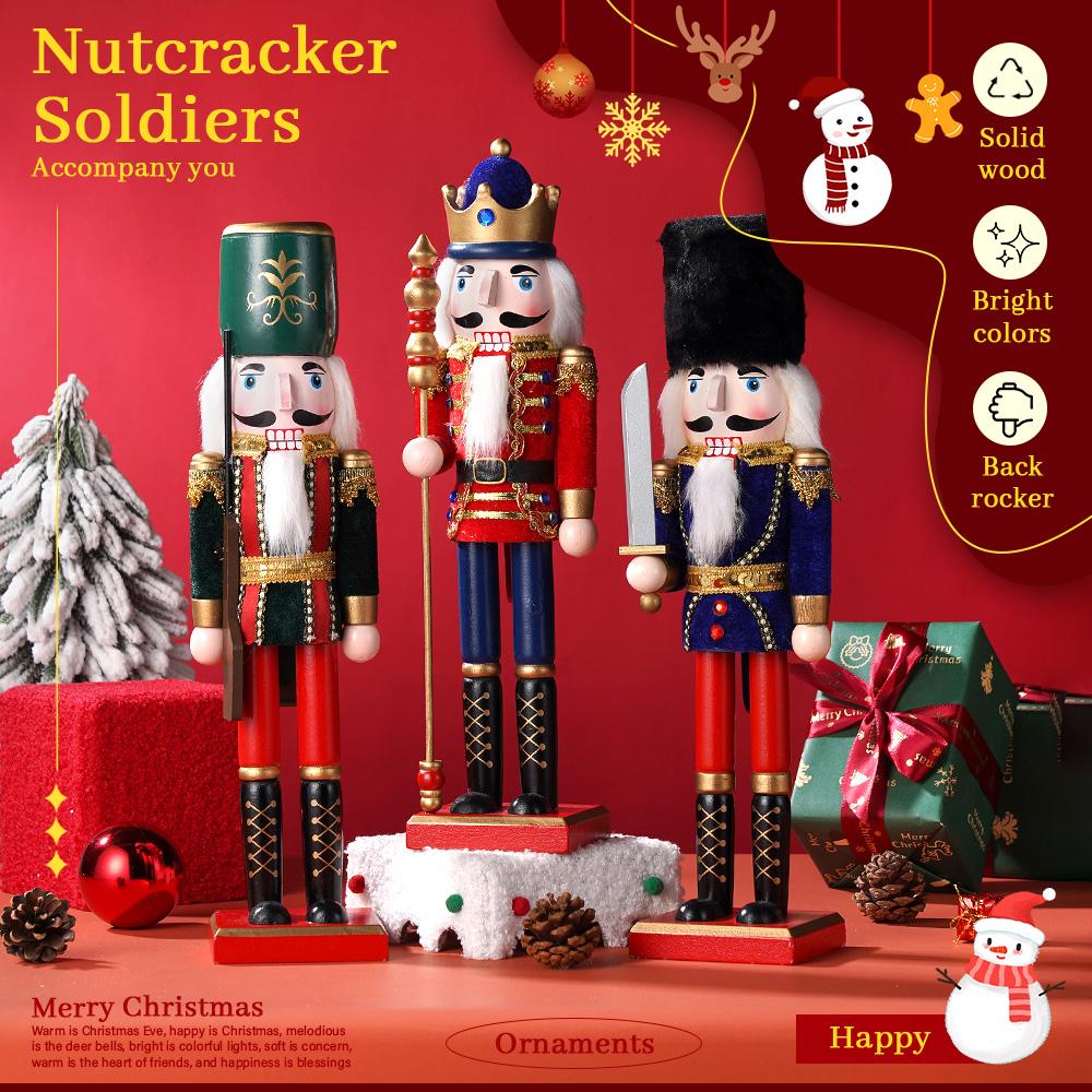 1Pcs/3Pcs 38CM Christmas Nutcracker Soldier Puppet Desktop Ornament Wooden Handmade Doll Home Decoration Christmas Gift