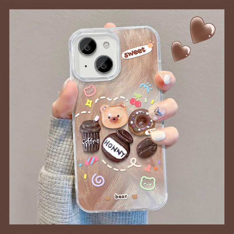 Suitable for Apple 15 Mobile Phone Case Summer Iphone 14pm Coffee Bear Doll Invisible Bracket 13 Feather Yarn