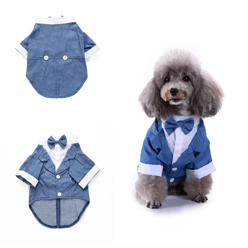 Cute Striped Dog Tuxedo Tailcoat Wedding Outfit Gentleman Pet Suit with Bow Tie for French Bulldog Halloween Costume
