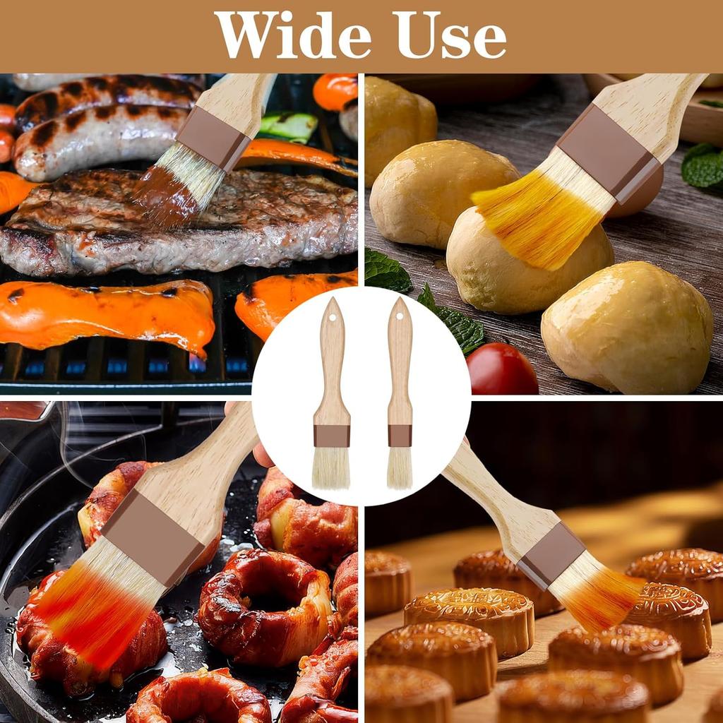 2 Pcs Natural Bristle Pastry Brush, Beech Wooden Handle Basting and BBQ Brushes for Cooking, Butter, Oil, Marinade, Grilling & Baking, Kitchen Food