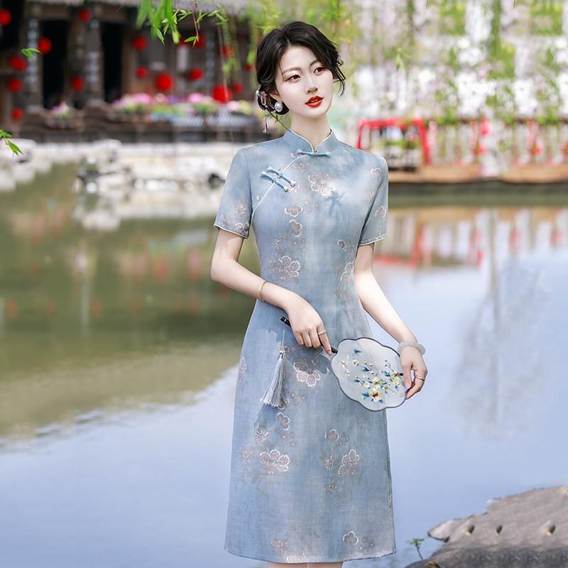 Elegant Modern Cheongsam Dress Women 2026 Stand Collar Three-Quarter Sleeve Lightweight Stretch Fabric