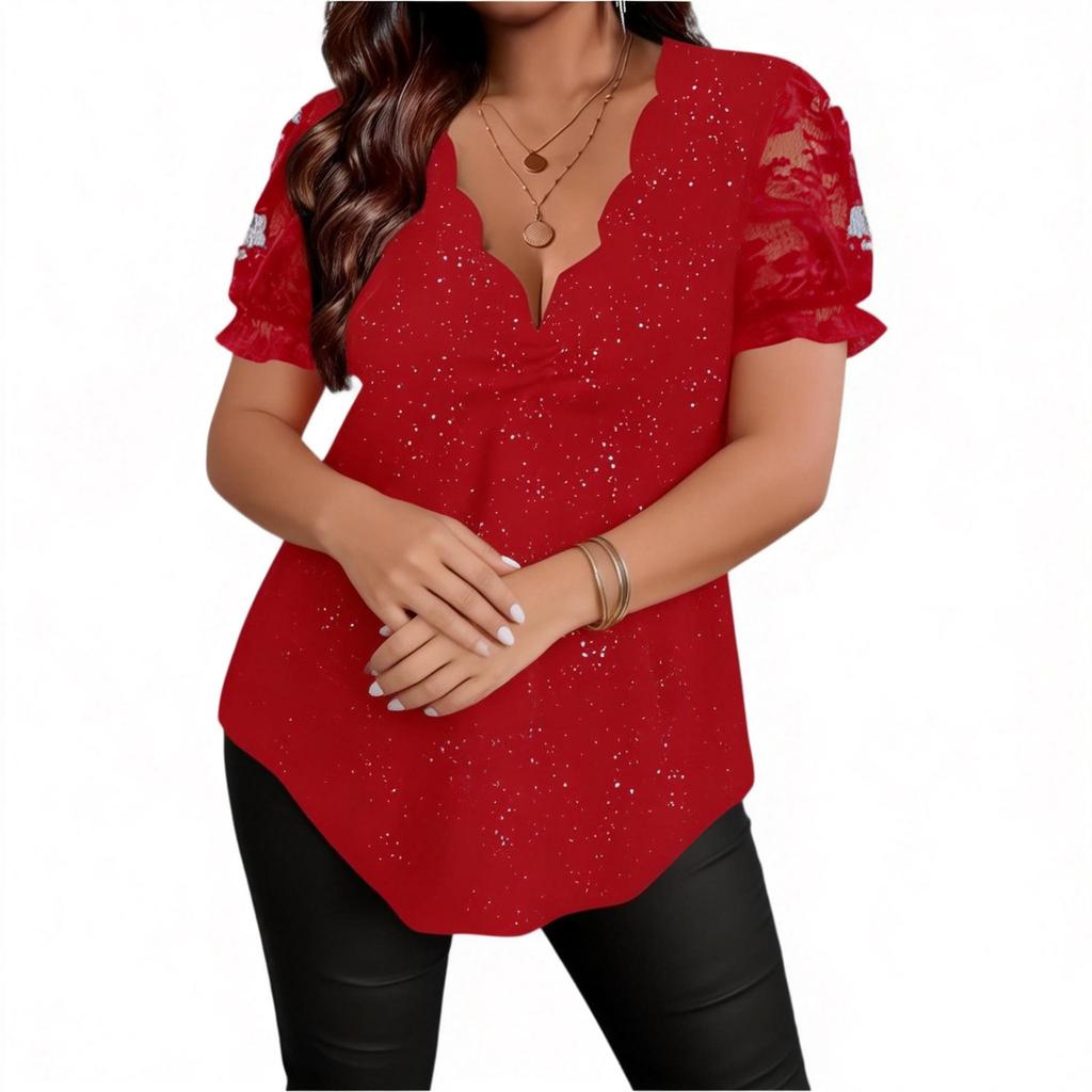Women's Fashion Casual Lace Trim V Neck Plus Size Short Sleeve Top