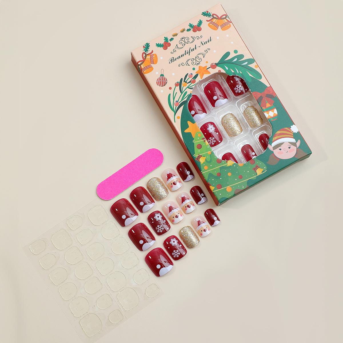 

Cross-Border Christmas Nail Art: Cute Santa Claus & Snowflake Press-On Nails, Short Square Tips.