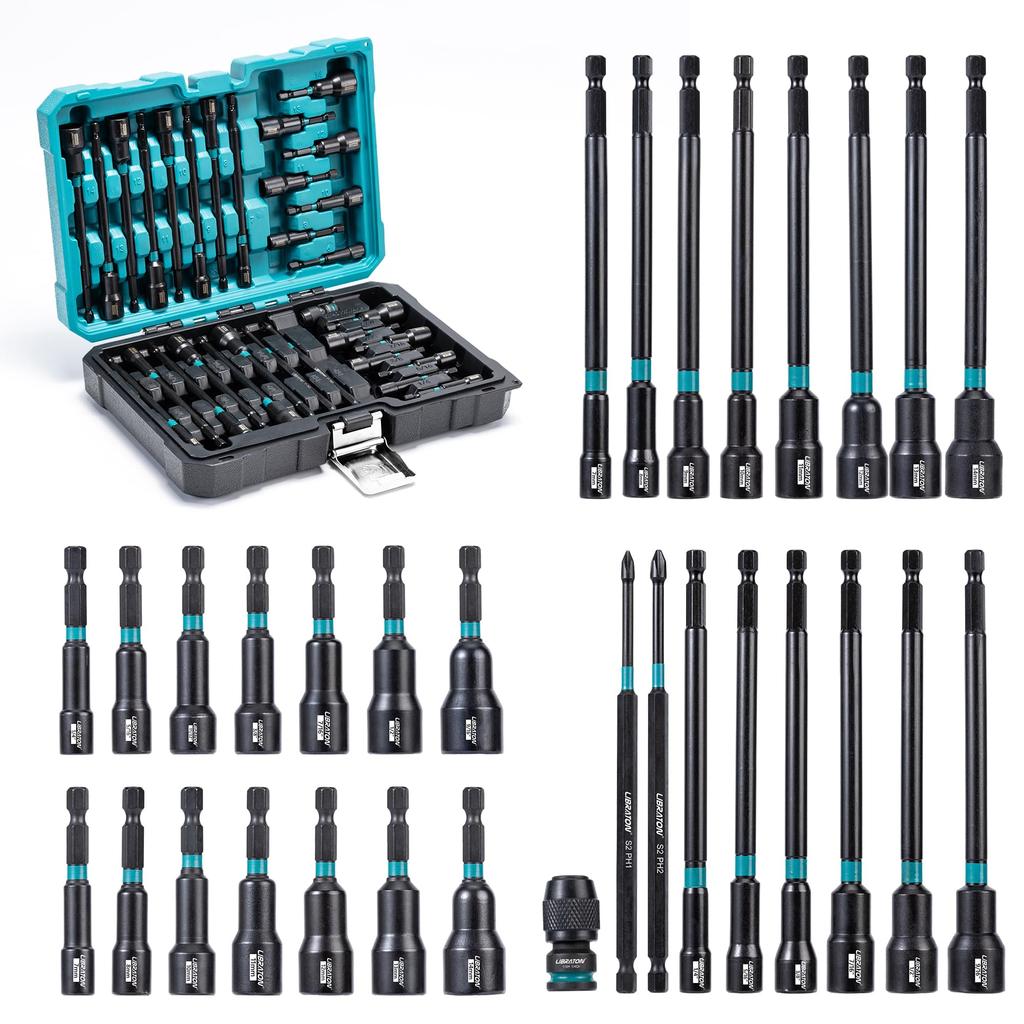LIBRATON Zestaw bitów nasadowych 31 sztuk Nasadka udarowa Nasadka do wkrętarki udarowej Zestaw nasadek Nasadka z bitem sześciokątnym Długa nasadka Trzpień sześciokątny 6,35 mm