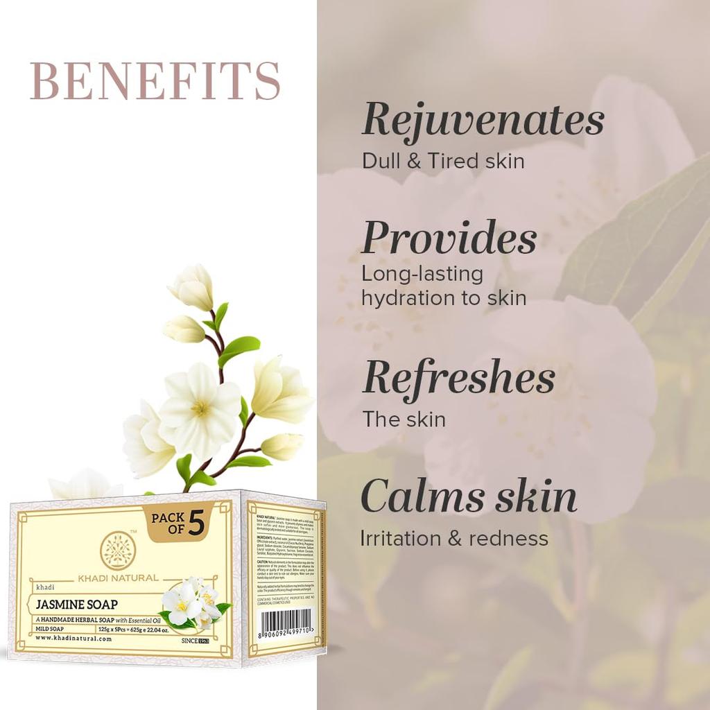 Khadi Natural Jasmine Herbal Bath Soap With Essential Oils Stress Relieving Aroma Gentle Cleansing For All Skin Types Pack Of 1(5x125 g)