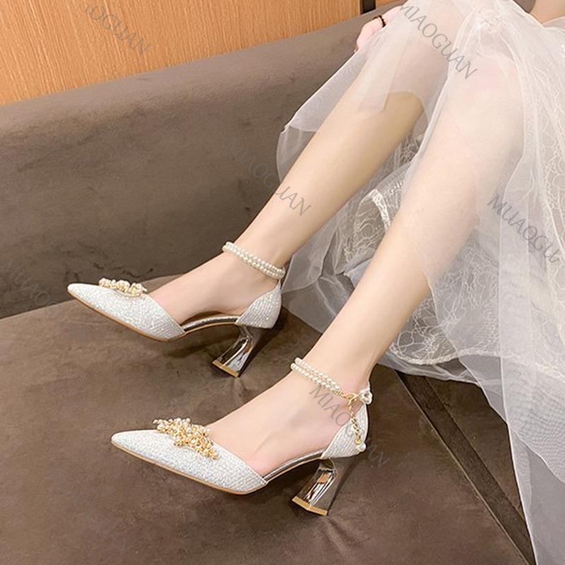 Fashion Shoes Women High Heels Women Wedding Shoes Bride Shoe Ladies Pumps Sandals Pearl Ankle Buckle Elegant Dress Women Heeled Shoes