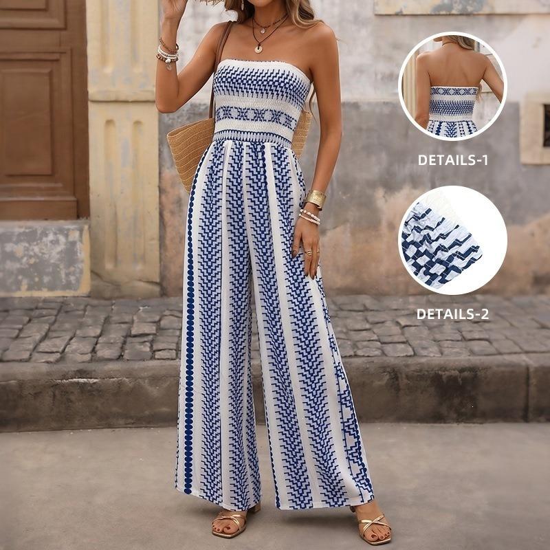 Tuta da donna blu bianca stampata senza spalline etnica da vacanza a gamba larga