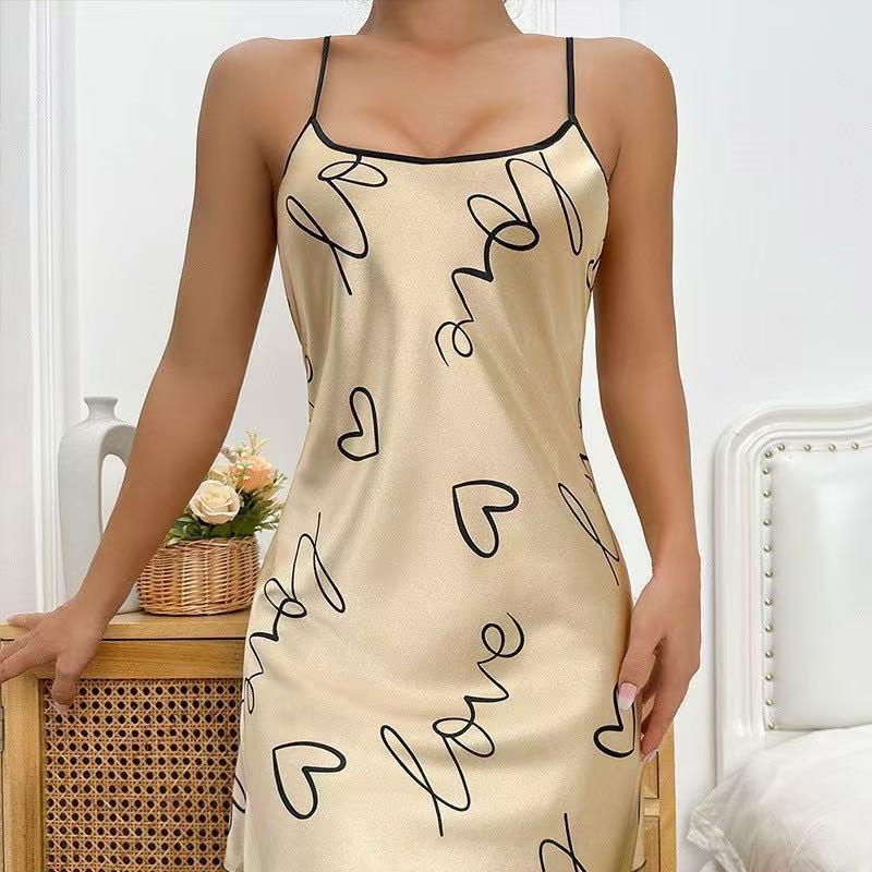 Damen Sommer Seide Ärmelloses Nachthemd - Sexy Eis Seide Druck Kurz Slip