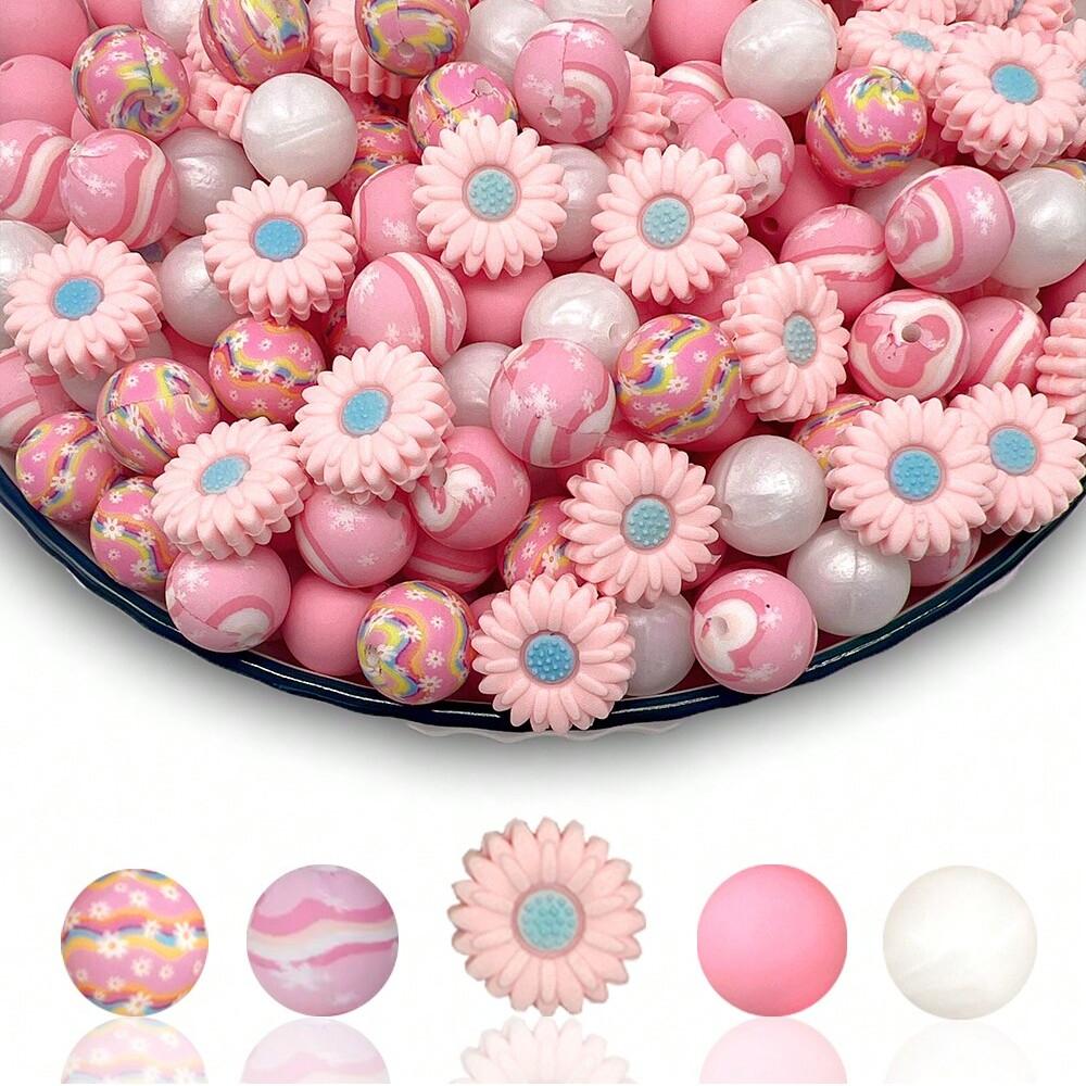 25PCS daisy and floral printed silicone bead set, punk style, suitable for DIY keychains, bracelets, bead pens