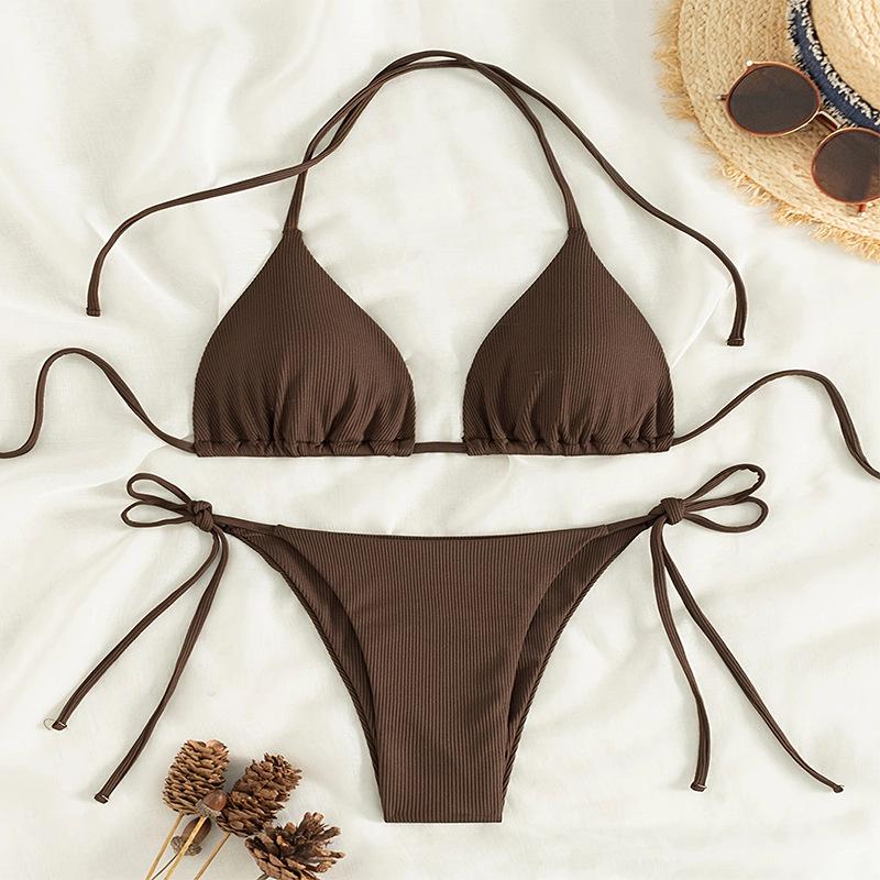 2025 European & American Lace-up Solid Color Sexy Bikini Swimsuit - Women's Beach Hot Spring Swimwear