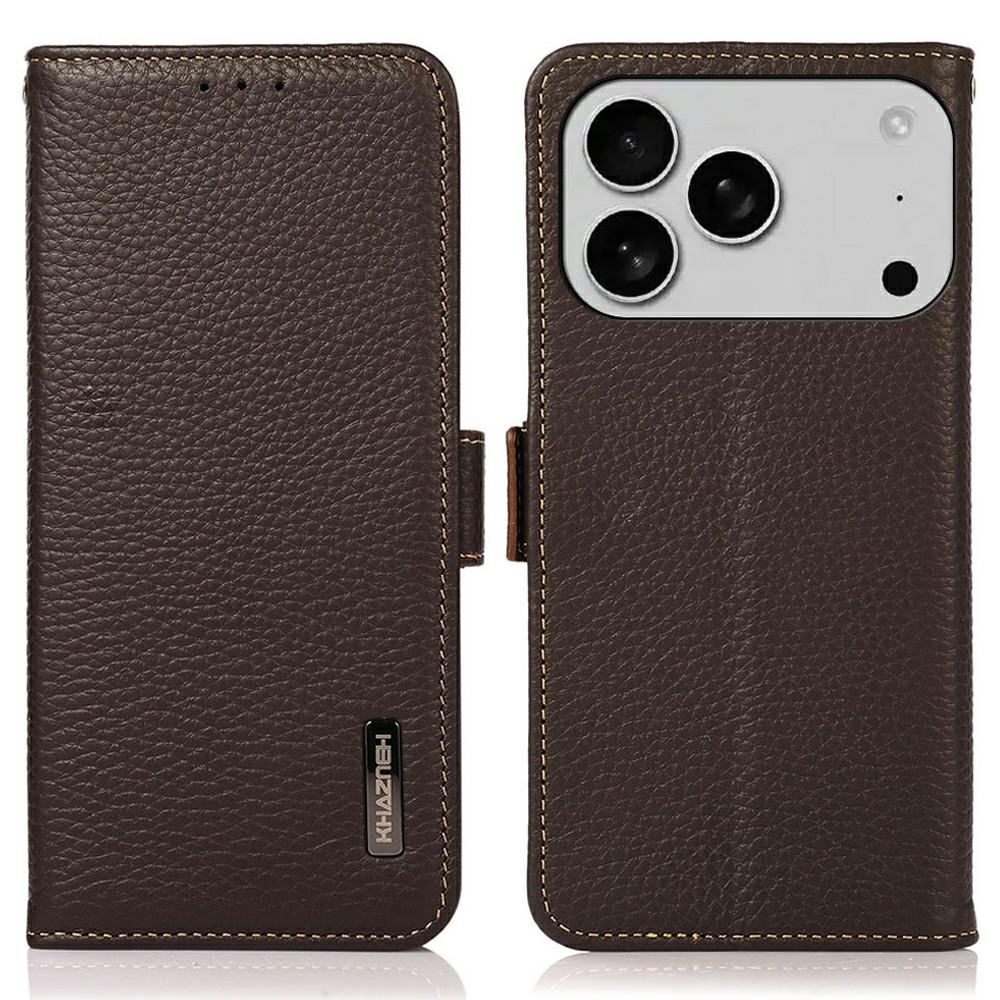 KHAZNEH for iPhone 17 Pro Max Phone Case RFID Blocking Wallet Litchi Texture Genuine Cow Leather Cover