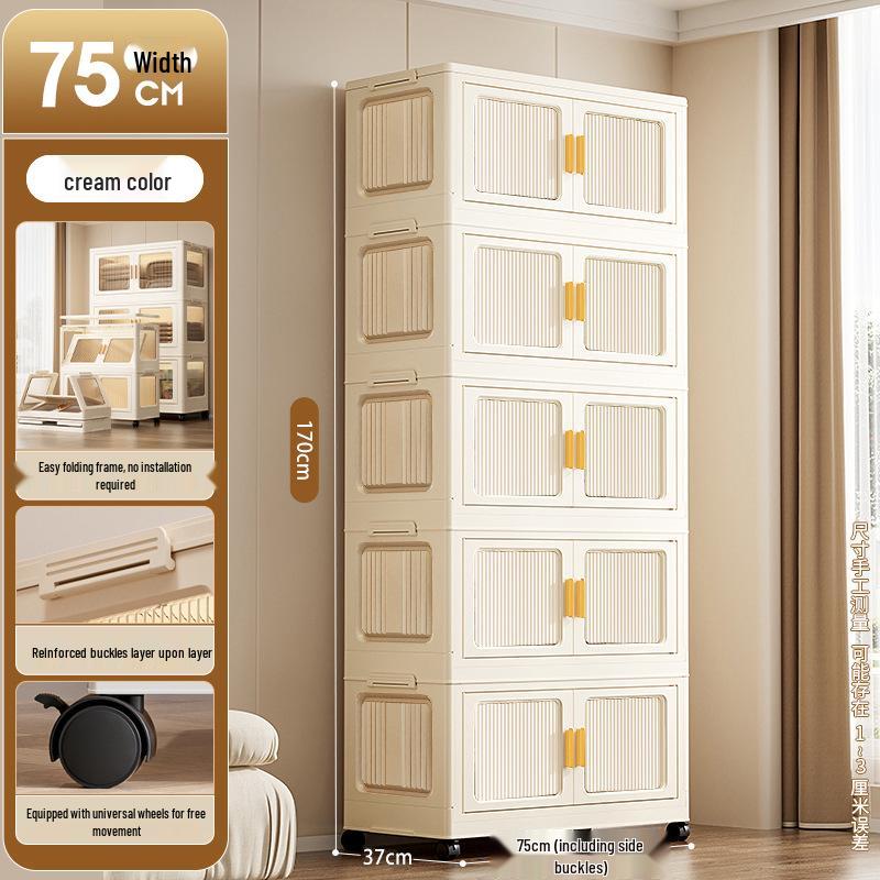 Movable Multi-Layer Folding Storage Cabinet: No-Installation Plastic Organizer for Bedroom and Living Room