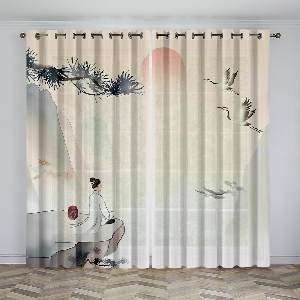 Chinese Style Natural Scenery Curtains Mountains Rivers Lakes Flowers Plants Elegant Curtains 2 Panels Living Room Bedroom Decor