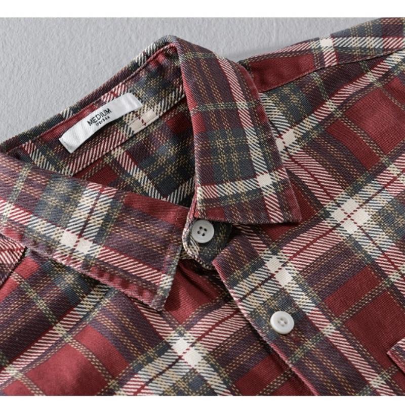Japanese Style Long Sleeve Plaid Shirt Men Spring Fall Daily Men's Casual Shirt Pocket Turn-down Collar 100Cotton Button Shirt