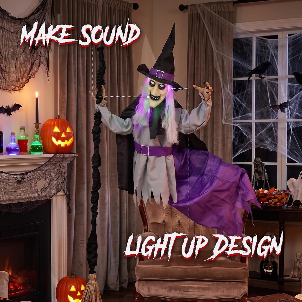 200cm Life Size Animated Flying Witch Halloween Decorations Outdoor Indoor, Scary Halloween Animatronics Decor