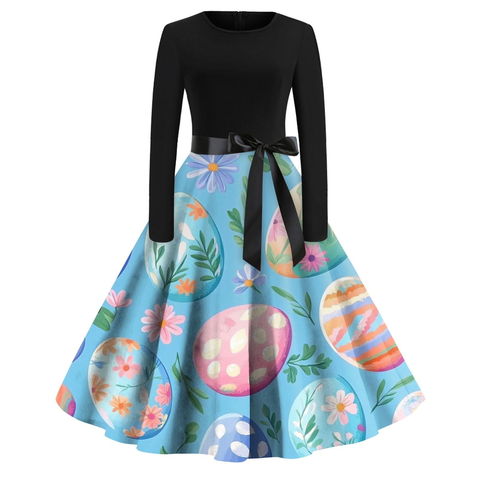 

Женские платья модные повседневные облегающие платья с круглым вырезом и принтом на Пасху с длинным рукавом S