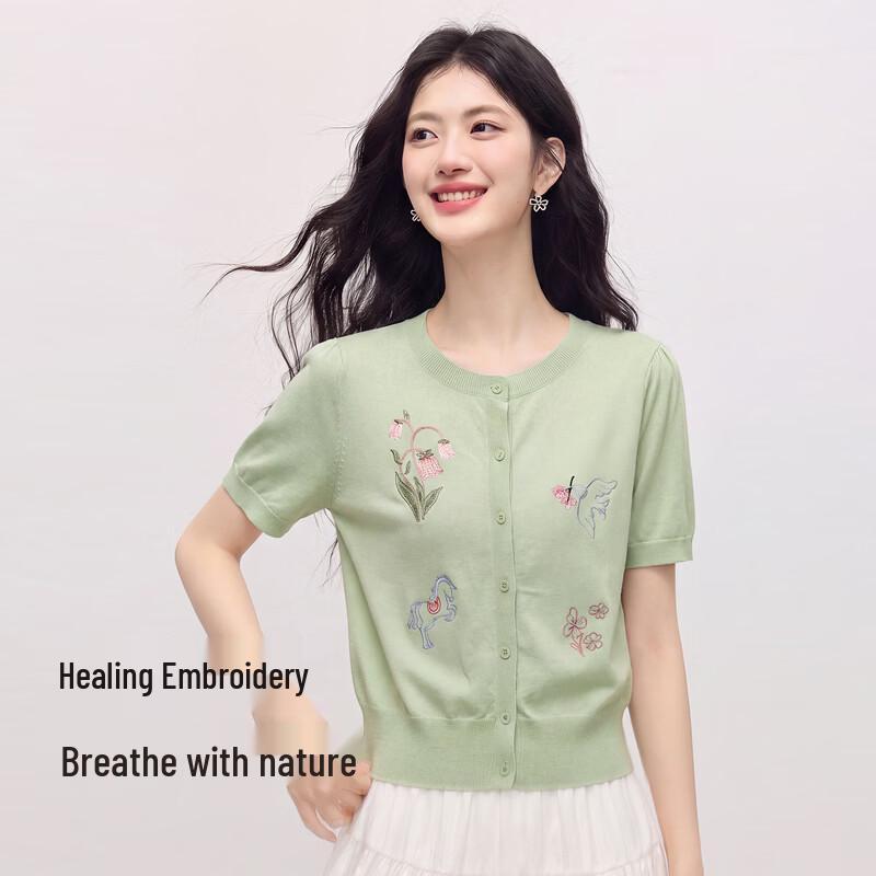 

Sllsky Women s Embroidered Ice Silk Knit Short Sleeve Cardigan 2XL