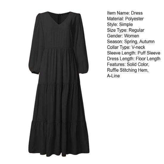 V Neck Puff Long Sleeve Waist Tight High-Waist A-Line Elegant Dress Autumn Solid