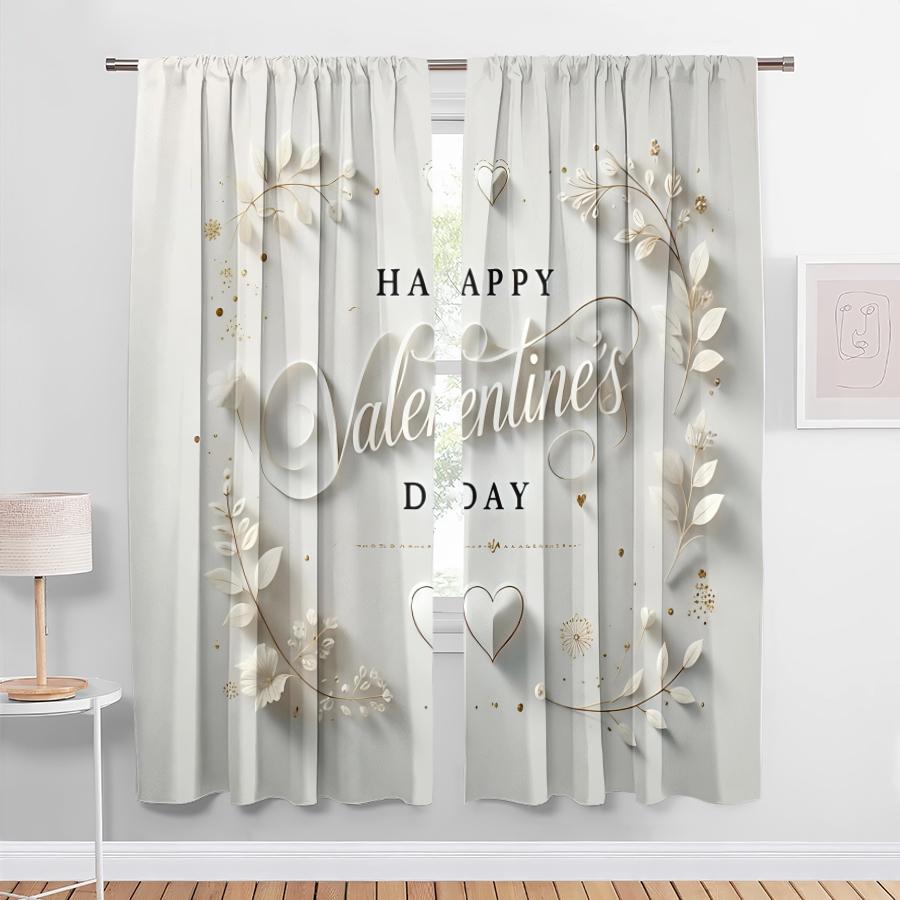 Set Of 2 Luxury Art Word Love Curtain Light Golden Branch Romantic Style Bedroom Living Room Pull Up Pocket For Sitting Made Polyester