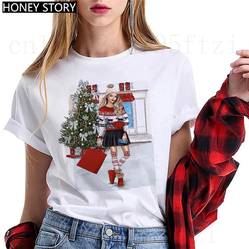 Fashion Cartoon Christmas Tree Graphic Women T-Shirts Summer Short Sleeve O-Neck Female Tops Streetwear Y2K Clothing