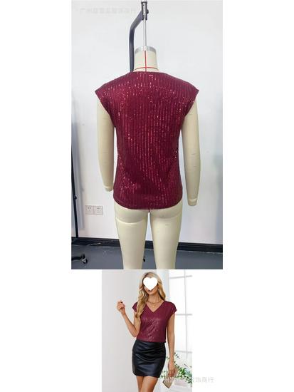 Women's Solid Color V-neck Raglan Sleeve Sequin Top