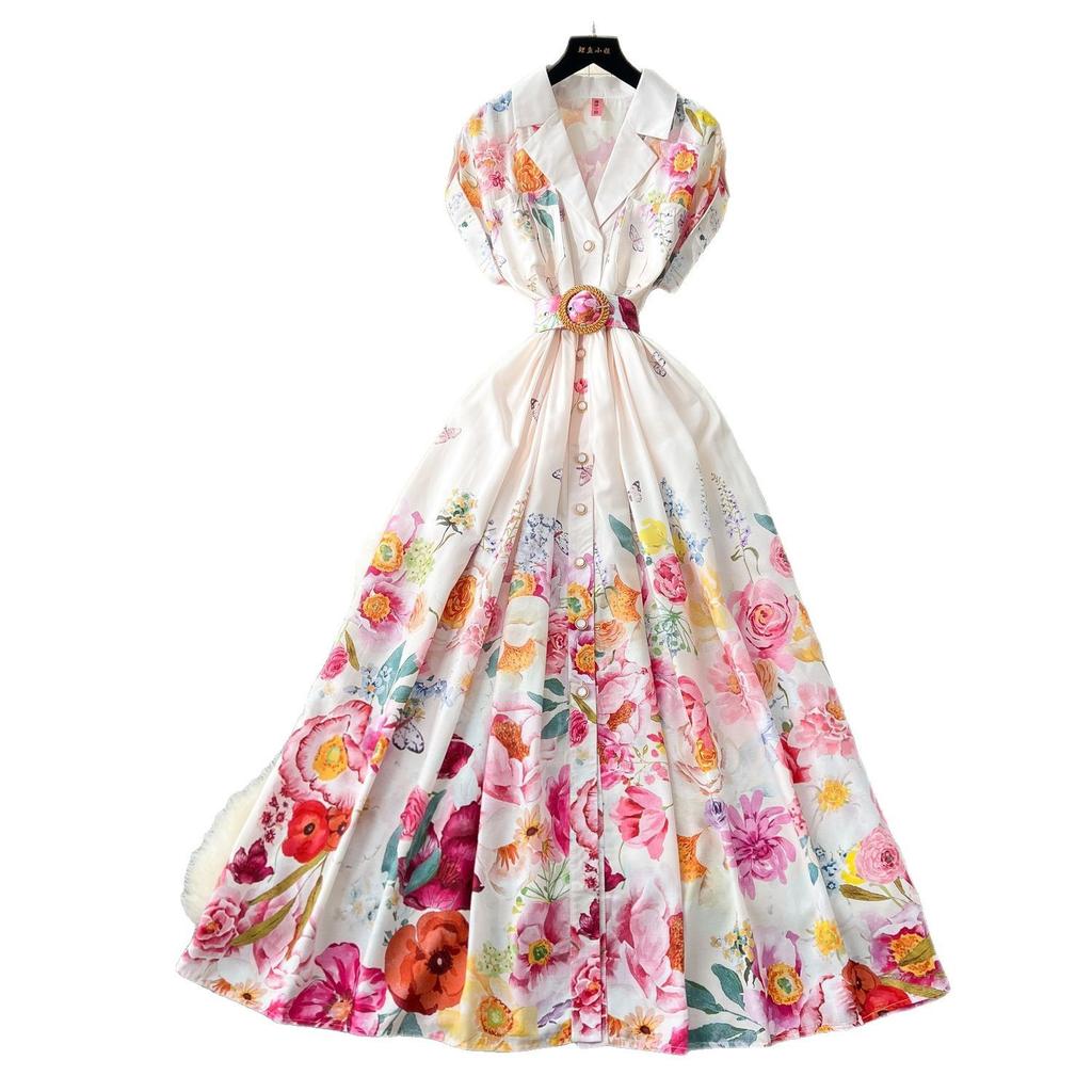 Spring new court style retro stand-up collar dress female European and American celebrities waist single-breasted printed dress