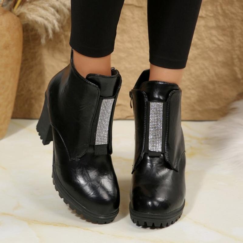 Fashionable New Comfortable Plus Size Sequined High-Heeled Women'S Boots Winter Round Toe Thick Sole Non Slip Casual Work Boots