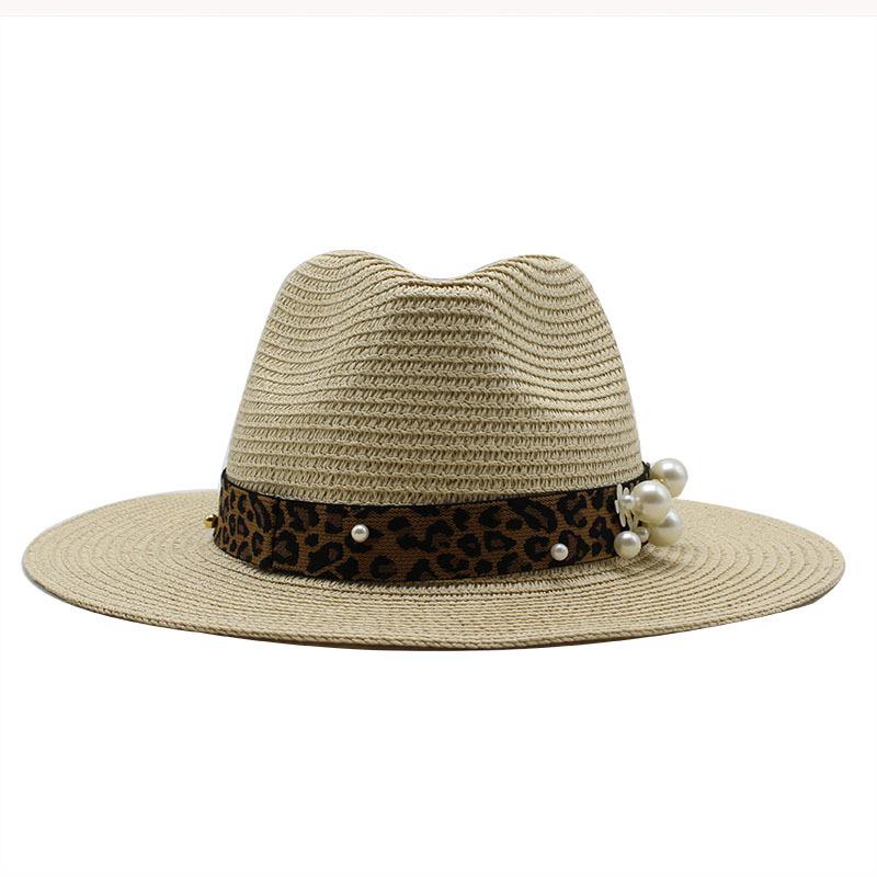 Spring And Summer Leopard Print Pearl Straw Sun Protection Visor Straw Hat Dame Top Hat