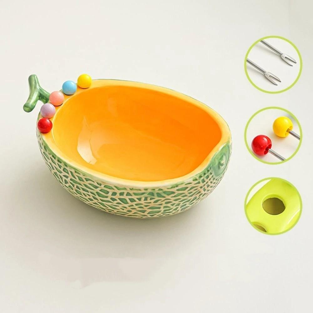 Hami Melon Shape Fruit Bowl with Fork Large Capacity Cute Toothpick with Holder Household Use