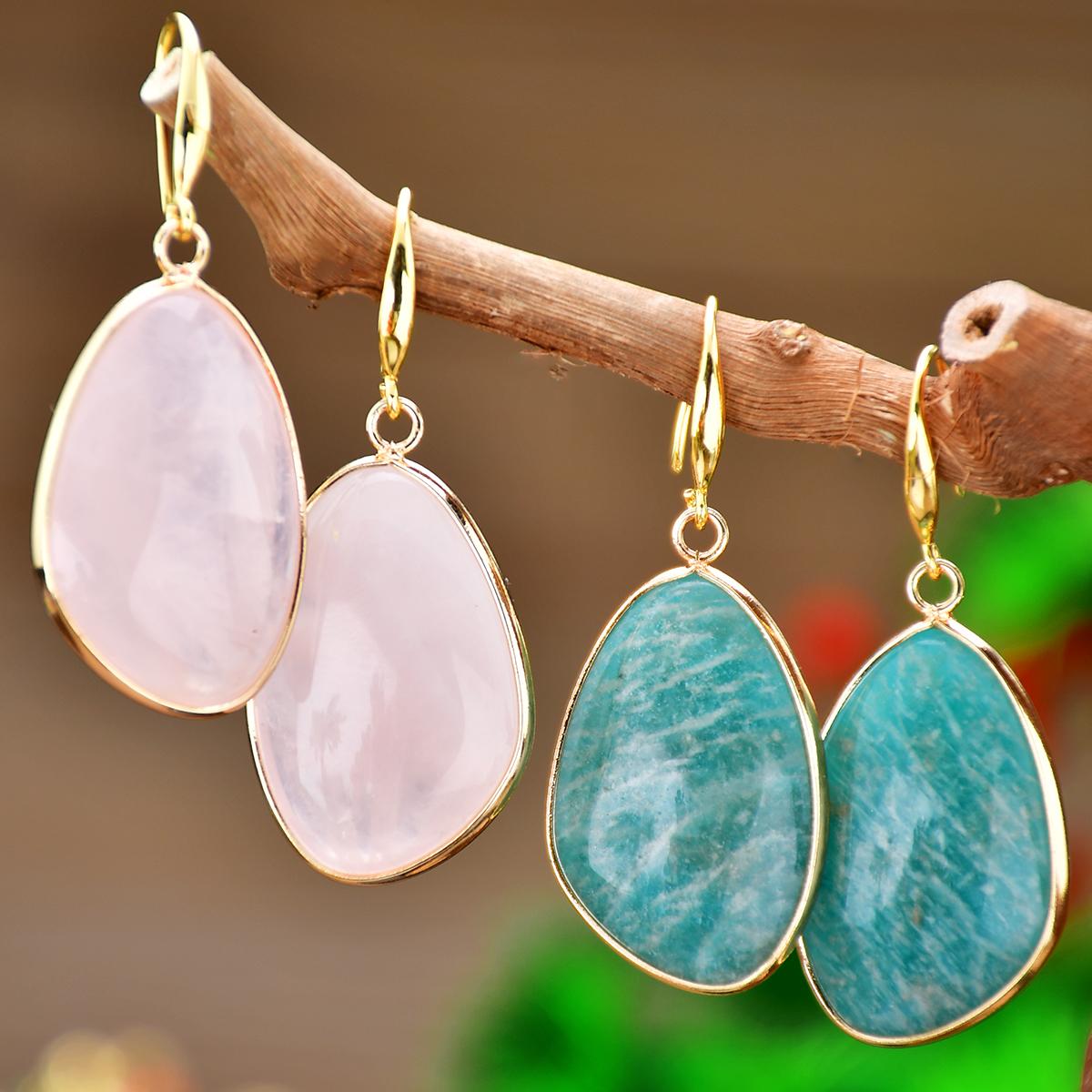 Lucky Star Jewelry Women's Bohemian Natural Stone Rose Quartz Amazonite Dangle Earrings Trendy Exquisite Summer Holiday Handmade Zircon
