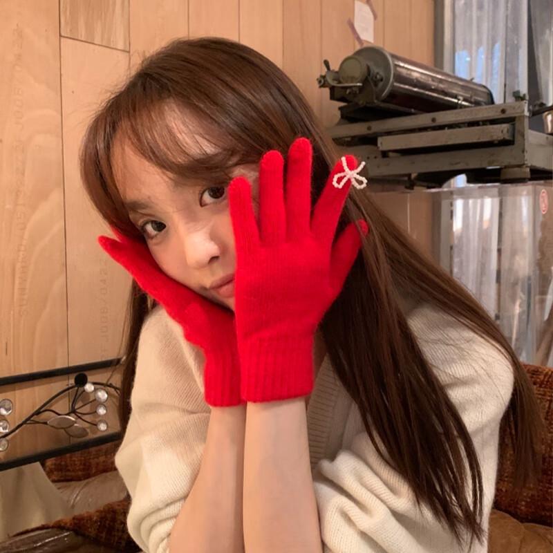 Women s Warm Knitted Bowknot Touchscreen Gloves One Size