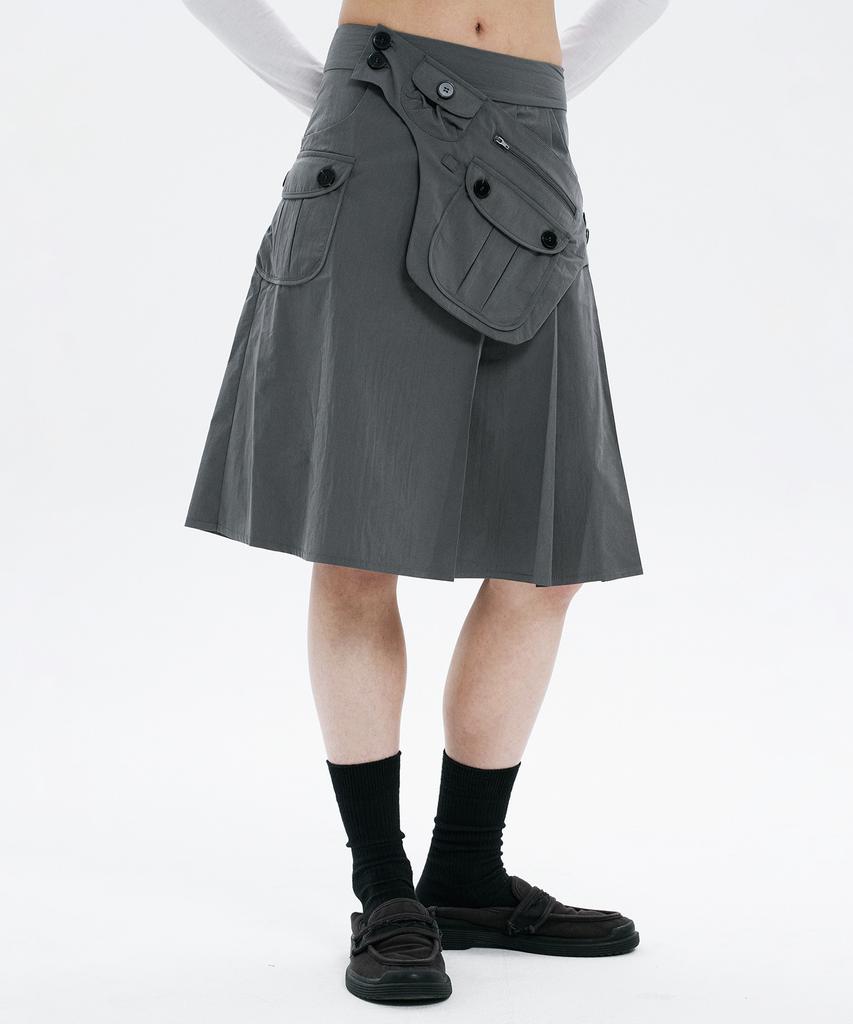 Hanahi Pocket Belt Half Pleated Skirt Gray