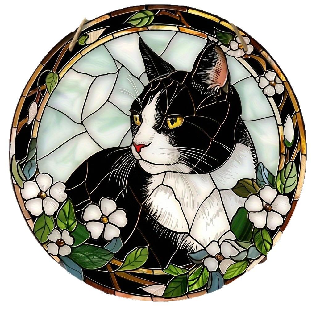 

Vintage Black Cat Stained Glass Style Sign, Four Seasons Decoration, Novelty Home Decor, Perfect Durable for Bedroom, Store, Office, Kitchen 20*20cm