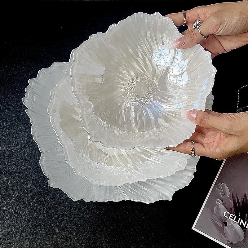 European Style Flower Crystal Glass Fruit Tray Large Household Simple Tea Tray Snack Tray Pearl White Simple Style