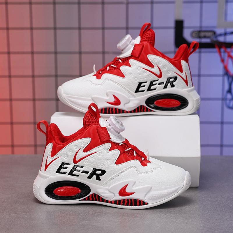 Children's Basketball Shoes Leather Surface Boys Button Sports Shoes Medium and Large Children's Students Boys Wear-resistant Training Actual Running