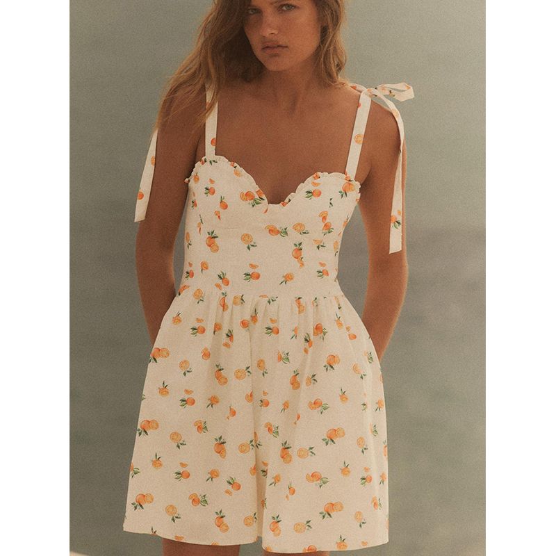 Summer New Women clothes French style Heart-Shaped Collar Sleeveless Orange Print Poplin Sling Dress 3152386