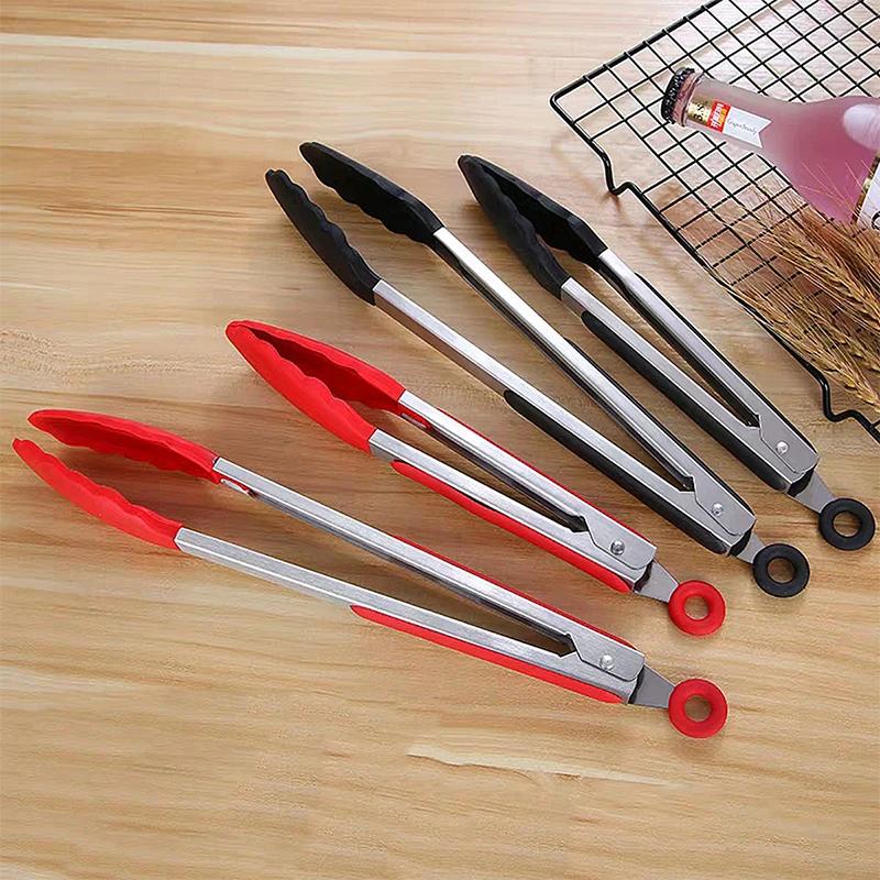 9/12Inch Silicone Food Tongs Nonslip Cooking Clip Salad Serving Kitchen Tong Stainless Steel Grill Tongs Heat Resistant BBQ Tool